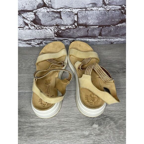 Fantasy Sandals Tan Nubuck Fabric Cross Strap Wedge Flex Sole Women’s 39EU/8.5US - Picture 5 of 16